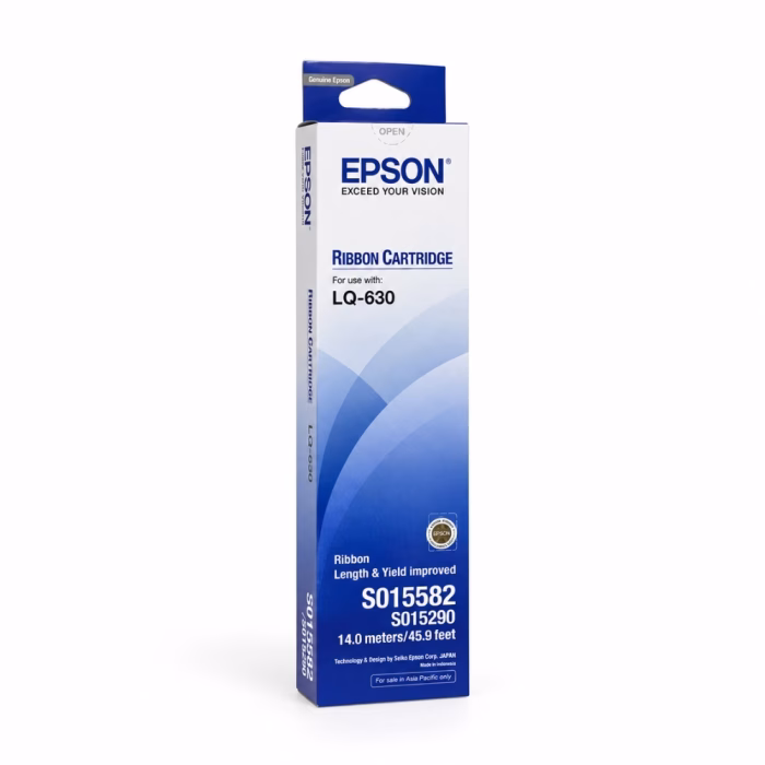 epson-s015582-ribbon-cartridge-black-2 กล่องบรรจุภัณฑ์ตลับผ้าหมึก Epson S015582 สีดำ ระบุรุ่นเครื่องพิมพ์ LQ-630 ความยาวผ้าหมึก 14 เมตร พร้อมสติกเกอร์โฮโลแกรมแท้