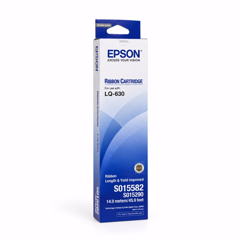 กล่องบรรจุภัณฑ์ตลับผ้าหมึก Epson S015582 สีดำ ระบุรุ่นเครื่องพิมพ์ LQ-630 ความยาวผ้าหมึก 14 เมตร พร้อมสติกเกอร์โฮโลแกรมแท้