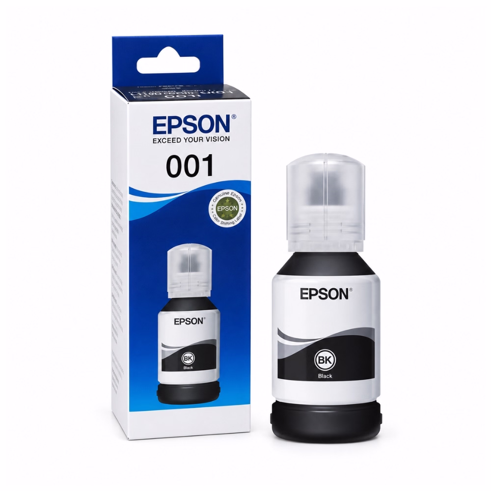 น้ำหมึกเติมแท้สีดำ Epson 001 T03Y100 ขนาด 127 ml วางคู่กับกล่องบรรจุภัณฑ์ สำหรับเครื่องพิมพ์ Epson EcoTank