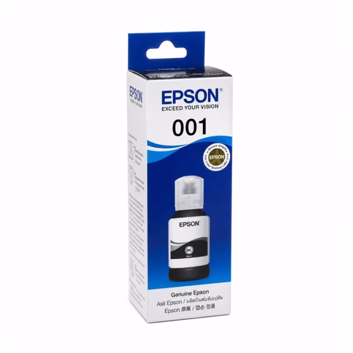 epson-t03y100-black-ink-bottle-3 กล่องบรรจุภัณฑ์น้ำหมึก Epson 001 สีดำ มุมมองสามมิติ แสดงสติกเกอร์โฮโลแกรมแท้ Color Shifting Label และตรา Genuine Epson
