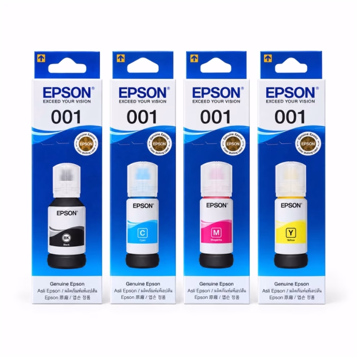 ชุดกล่องน้ำหมึกเติมแท้ Epson ซีรีส์ 001 ครบทั้ง 4 สี ดำ ฟ้า ชมพู เหลือง สำหรับเครื่องพิมพ์ Epson EcoTank