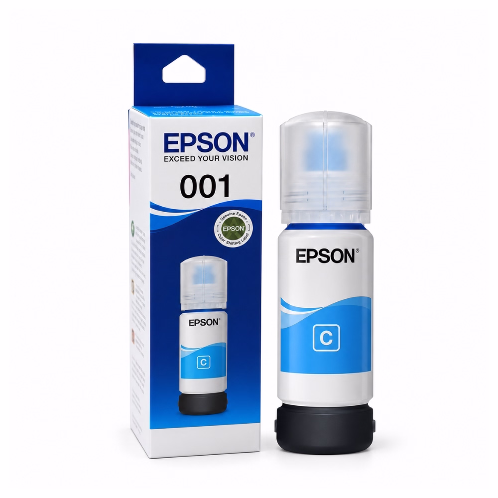 น้ำหมึกเติมแท้สีฟ้า Epson 001 T03Y200 ขนาด 70 ml วางคู่กับกล่องบรรจุภัณฑ์ สำหรับเครื่องพิมพ์ Epson EcoTank