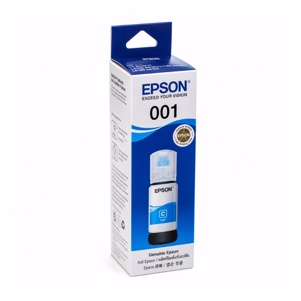 กล่องบรรจุภัณฑ์น้ำหมึก Epson 001 สีฟ้า มุมมองสามมิติ แสดงสติกเกอร์โฮโลแกรมแท้ Color Shifting Label และรายชื่อเครื่องพิมพ์ที่รองรับ