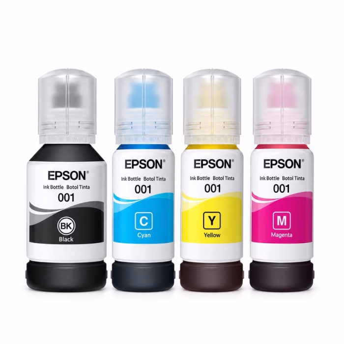 ขวดน้ำหมึกเติมแท้ Epson ซีรีส์ 001 ครบทั้ง 4 สี ดำ ฟ้า เหลือง ชมพู BK C Y M ฝาจุกใสระบบป้องกันการเติมหมึกผิดสี
