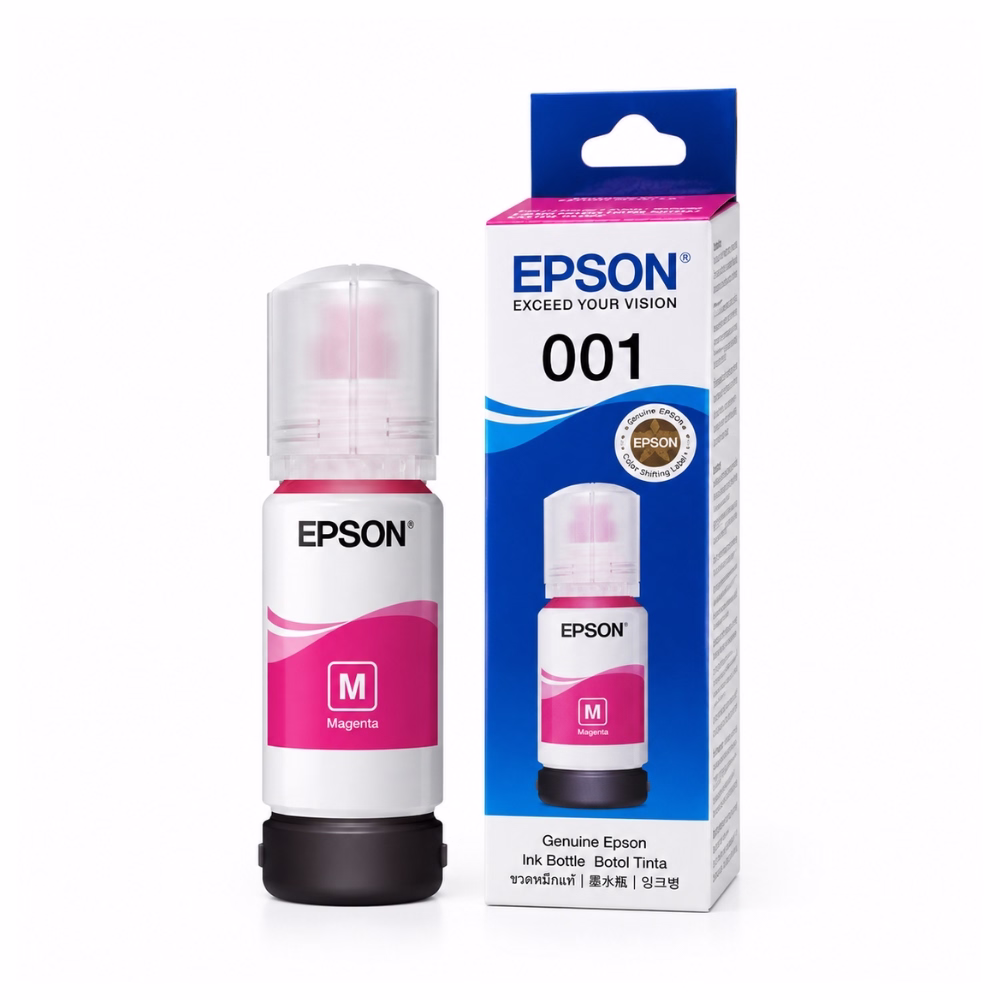 epson-t03y300-magenta-ink-bottle-1 น้ำหมึกเติมแท้สีแดงมาเจนตา Epson 001 T03Y300 ขนาด 70 ml วางคู่กับกล่องบรรจุภัณฑ์ สำหรับเครื่องพิมพ์ Epson EcoTank