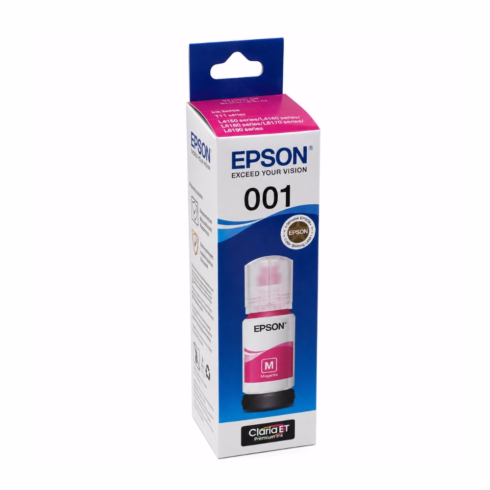 กล่องบรรจุภัณฑ์น้ำหมึก Epson 001 สีมาเจนตา มุมมองสามมิติ แสดงสติกเกอร์โฮโลแกรมแท้ โลโก้ Claria ET Premium Ink และรายชื่อเครื่องพิมพ์ที่รองรับ