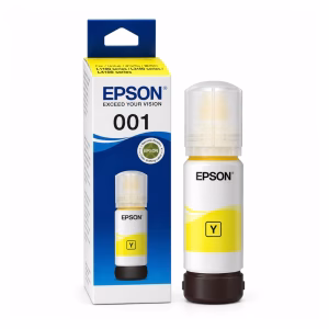 น้ำหมึกเติมแท้สีเหลือง Epson 001 T03Y400 ขนาด 70 ml วางคู่กับกล่องบรรจุภัณฑ์ สำหรับเครื่องพิมพ์ Epson EcoTank