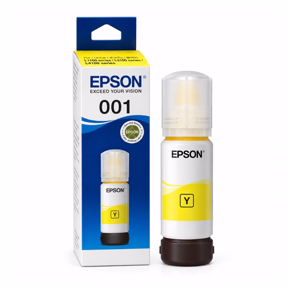 epson-t03y400-yellow-ink-bottle-1 น้ำหมึกเติมแท้สีเหลือง Epson 001 T03Y400 ขนาด 70 ml วางคู่กับกล่องบรรจุภัณฑ์ สำหรับเครื่องพิมพ์ Epson EcoTank