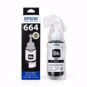 น้ำหมึกเติมแท้สีดำ Epson 664 T6641 ในซองซีลพลาสติก วางคู่กับกล่องบรรจุภัณฑ์ สำหรับเครื่องพิมพ์ Epson EcoTank L-Series