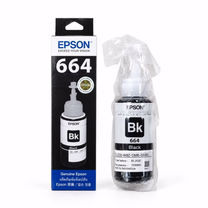 epson-t6641-ink-bottle-1 น้ำหมึกเติมแท้สีดำ Epson 664 T6641 ในซองซีลพลาสติก วางคู่กับกล่องบรรจุภัณฑ์ สำหรับเครื่องพิมพ์ Epson EcoTank L-Series