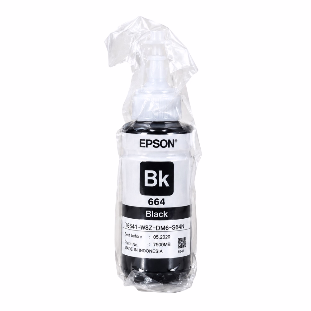 ขวดน้ำหมึกเติมแท้สีดำ Epson 664 T6641 ขนาด 70 ml ในซองพลาสติกซีลสุญญากาศ แสดงฉลาก Bk 664 Black