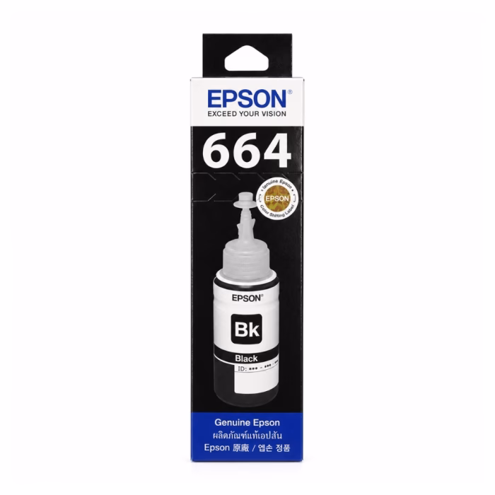 epson-t6641-ink-bottle-3 กล่องบรรจุภัณฑ์น้ำหมึกสีดำ Epson 664 T6641 ด้านหน้าตรง แสดงสติกเกอร์โฮโลแกรมแท้ Color Shifting Label และตรา Genuine Epson
