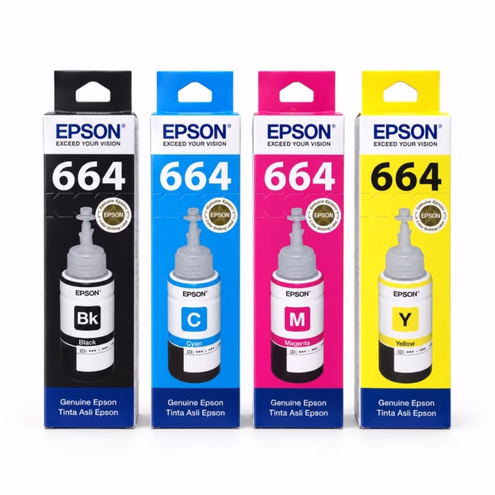 รวมชุดกล่องน้ำหมึกเติมแท้ Epson ซีรีส์ 664 ครบทั้ง 4 สี ดำ ฟ้า ชมพู เหลือง T6641 T6642 T6643 T6644 ด้านหน้าตรง