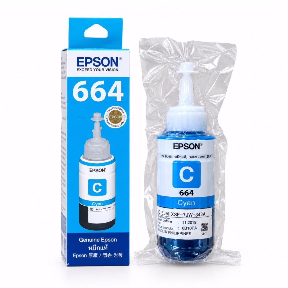 epson-t6642-cyan-ink-bottle-1 น้ำหมึกเติมแท้สีฟ้า Epson 664 T6642 ในซองซีลพลาสติก วางคู่กับกล่องบรรจุภัณฑ์ สำหรับเครื่องพิมพ์ Epson EcoTank L-Series