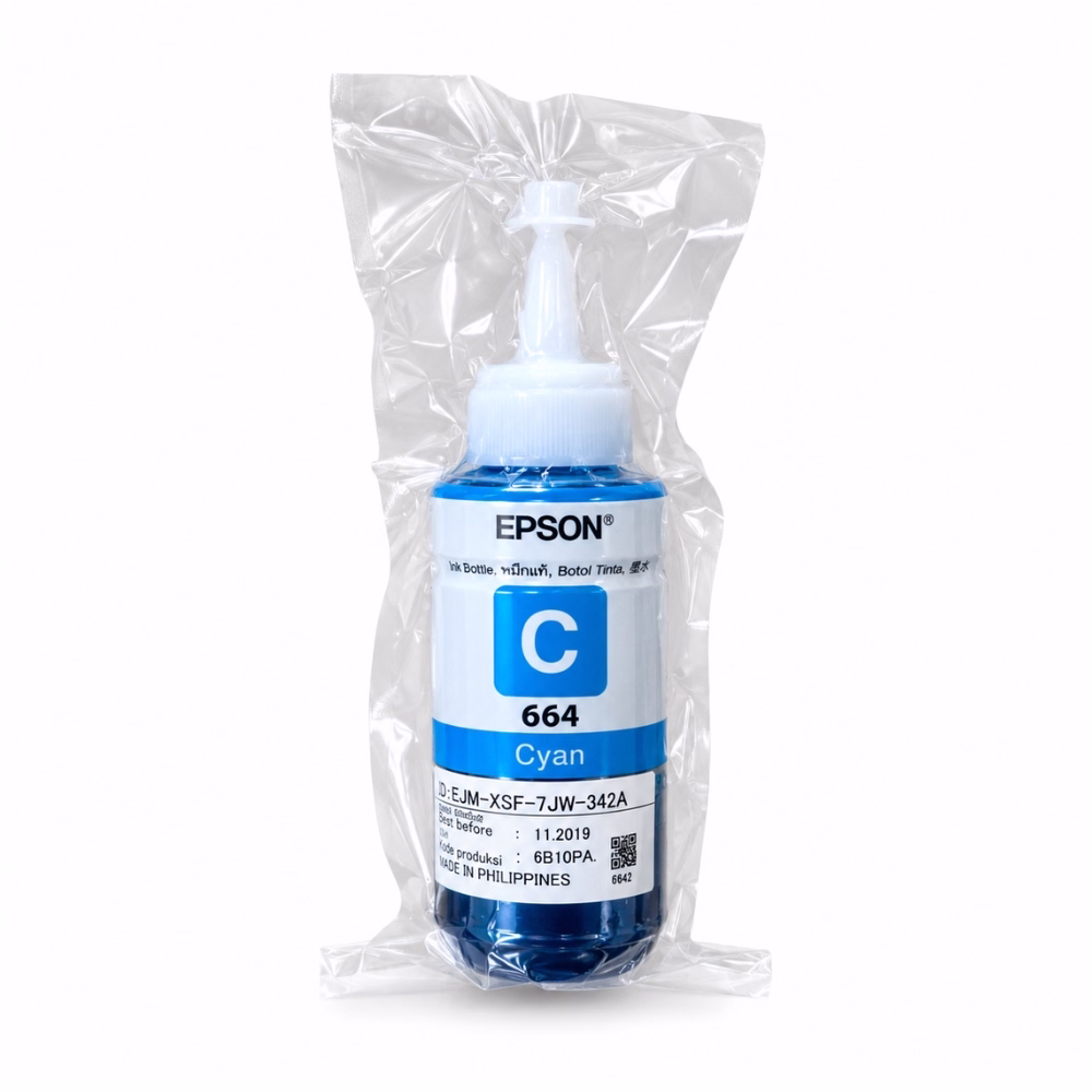 ขวดน้ำหมึกเติมแท้สีฟ้า Epson 664 T6642 ขนาด 70 ml ในซองพลาสติกซีลสุญญากาศ แสดงฉลาก C 664 Cyan