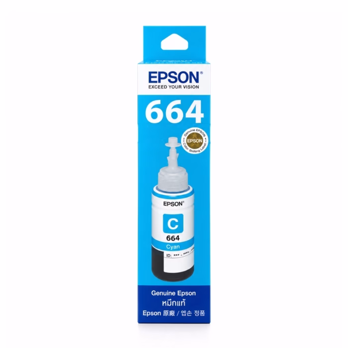 กล่องบรรจุภัณฑ์น้ำหมึกสีฟ้า Epson 664 T6642 ด้านหน้าตรง แสดงสติกเกอร์โฮโลแกรมแท้ Color Shifting Label และตรา Genuine Epson