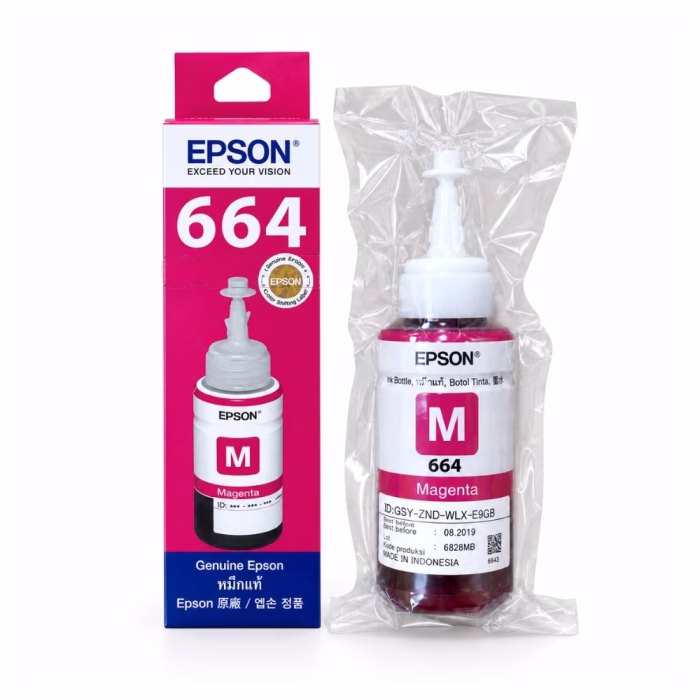 น้ำหมึกเติมแท้สีแดงมาเจนตา Epson 664 T6643 ในซองซีลพลาสติก วางคู่กับกล่องบรรจุภัณฑ์ สำหรับเครื่องพิมพ์ Epson EcoTank L-Series