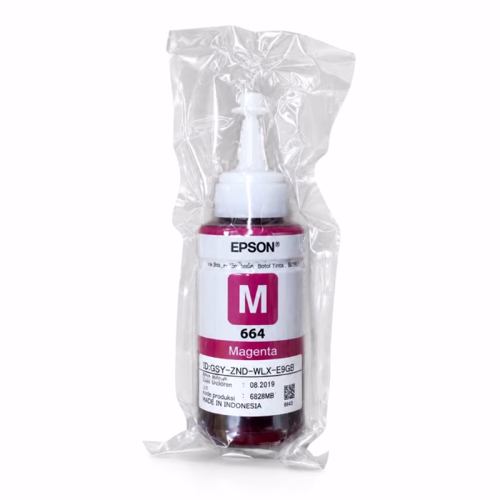 ขวดน้ำหมึกเติมแท้สีแดงมาเจนตา Epson 664 T6643 ขนาด 70 ml ในซองพลาสติกซีลสุญญากาศ แสดงฉลาก M 664 Magenta