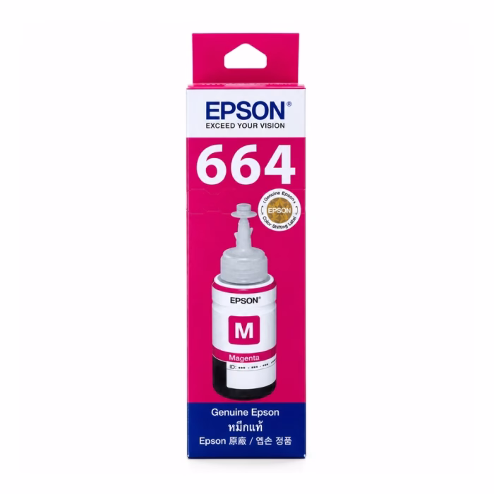 กล่องบรรจุภัณฑ์น้ำหมึกสีแดงมาเจนตา Epson 664 T6643 ด้านหน้าตรง แสดงสติกเกอร์โฮโลแกรมแท้ Color Shifting Label และตรา Genuine Epson