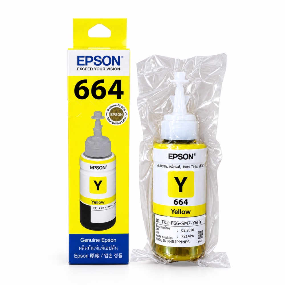 epson-t6644-yellow-ink-bottle-1 น้ำหมึกเติมแท้สีเหลือง Epson 664 T6644 ในซองซีลพลาสติก วางคู่กับกล่องบรรจุภัณฑ์ สำหรับเครื่องพิมพ์ Epson EcoTank L-Series