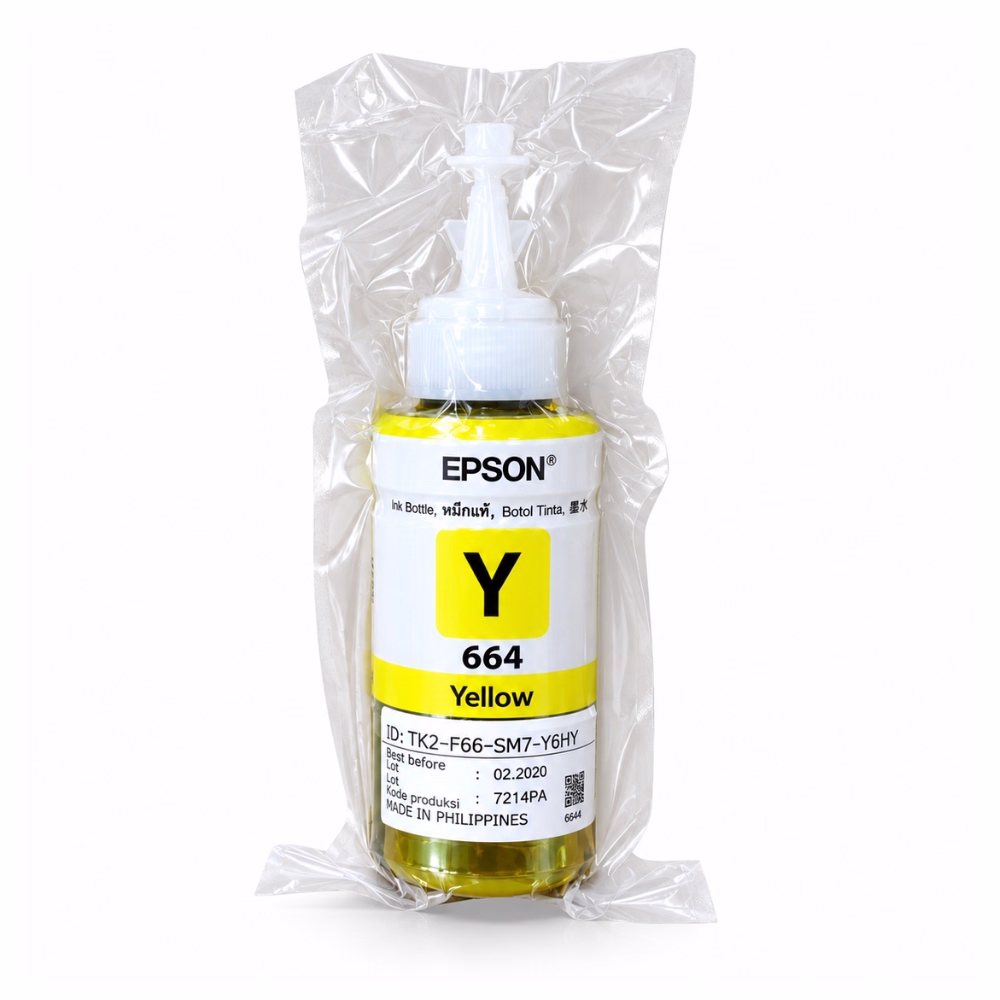 ขวดน้ำหมึกเติมแท้สีเหลือง Epson 664 T6644 ขนาด 70 ml ในซองพลาสติกซีลสุญญากาศ แสดงฉลาก Y 664 Yellow