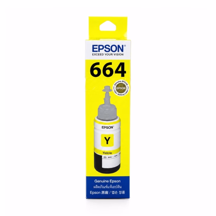 epson-t6644-yellow-ink-bottle-3 กล่องบรรจุภัณฑ์น้ำหมึกสีเหลือง Epson 664 T6644 ด้านหน้าตรง แสดงสติกเกอร์โฮโลแกรมแท้ Color Shifting Label และตรา Genuine Epson