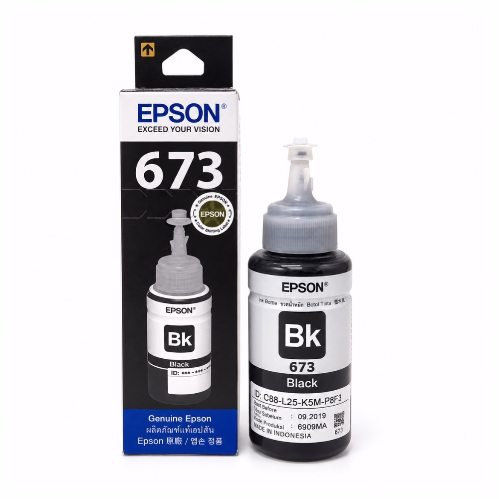 epson-t6731-black-ink-bottle-1 น้ำหมึกเติมแท้สีดำ Epson 673 T6731 ขนาด 70 ml วางคู่กับกล่องบรรจุภัณฑ์ สำหรับเครื่องพิมพ์ภาพถ่าย Epson EcoTank L-Series