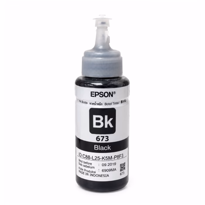 epson-t6731-black-ink-bottle-2 ขวดน้ำหมึกเติมสีดำ Epson 673 T6731 ขนาด 70 ml ฝาจุกใสพร้อมจุกปิดและป้ายฉลากระบุรหัส Bk 673 Black