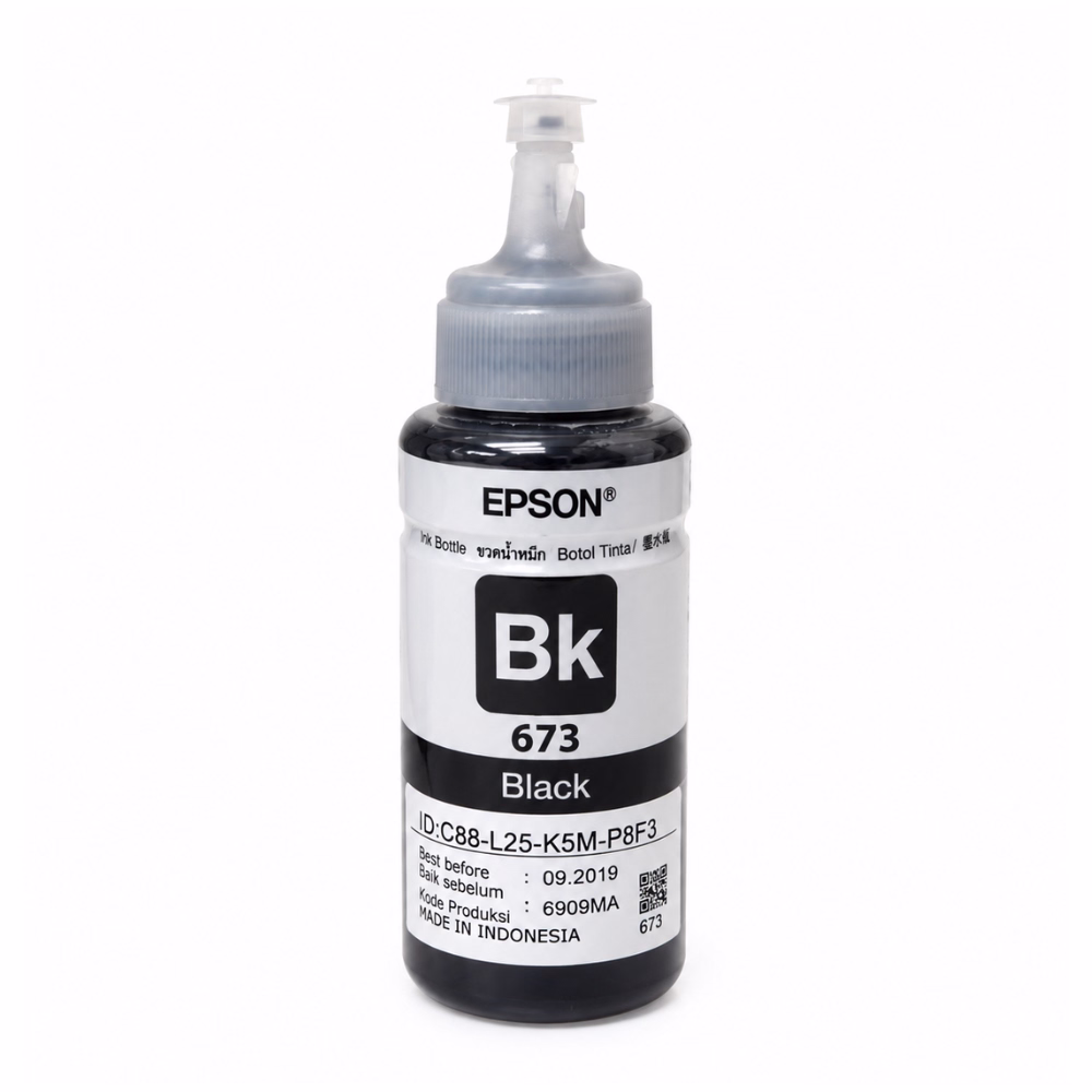 ขวดน้ำหมึกเติมสีดำ Epson 673 T6731 ขนาด 70 ml ฝาจุกใสพร้อมจุกปิดและป้ายฉลากระบุรหัส Bk 673 Black