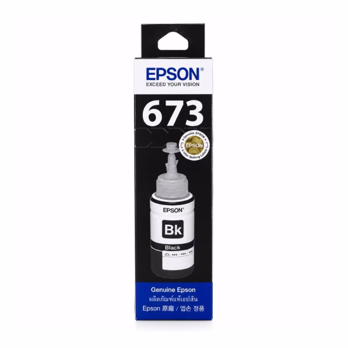 epson-t6731-black-ink-bottle-3 กล่องบรรจุภัณฑ์น้ำหมึกสีดำ Epson 673 T6731 ด้านหน้าตรง แสดงสติกเกอร์โฮโลแกรมแท้ Color Shifting Label และตรา Genuine Epson