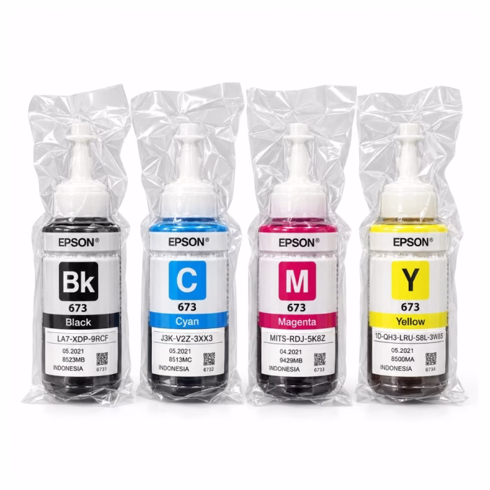 ชุดขวดน้ำหมึกเติม Epson ซีรีส์ 673 ในซองพลาสติกซีลสุญญากาศ 4 สี ดำ ฟ้า ชมพู เหลือง T6731 T6732 T6733 T6734