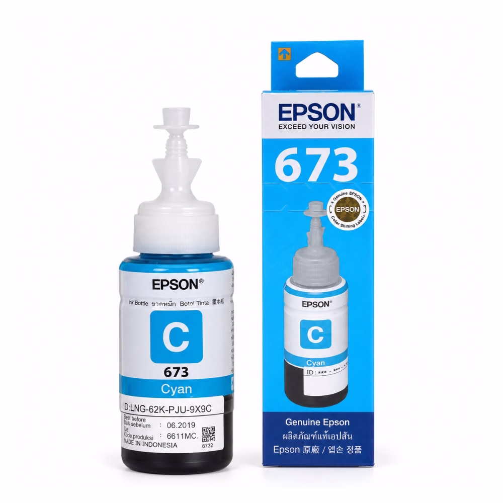 epson-t6732-cyan-ink-bottle-1 น้ำหมึกเติมแท้สีฟ้า Epson 673 T6732 ขนาด 70 ml วางคู่กับกล่องบรรจุภัณฑ์ สำหรับเครื่องพิมพ์ภาพถ่าย Epson EcoTank L-Series