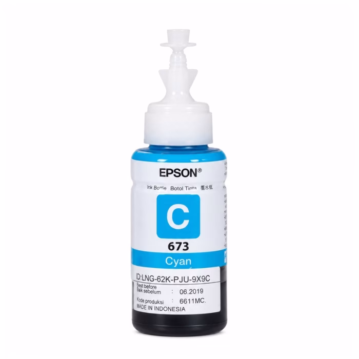 epson-t6732-cyan-ink-bottle-2 ขวดน้ำหมึกเติมสีฟ้า Epson 673 T6732 ขนาด 70 ml ฝาจุกใสพร้อมจุกปิดและป้ายฉลากระบุรหัส C 673 Cyan