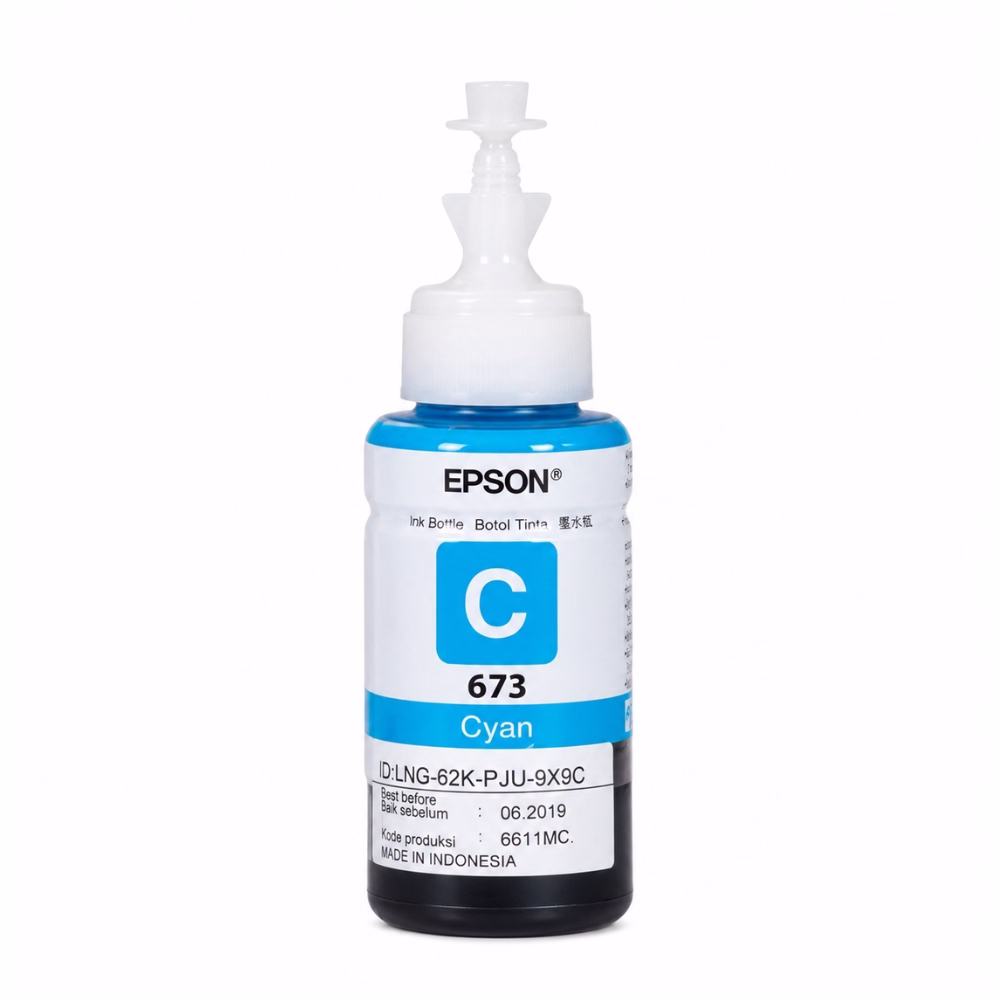 ขวดน้ำหมึกเติมสีฟ้า Epson 673 T6732 ขนาด 70 ml ฝาจุกใสพร้อมจุกปิดและป้ายฉลากระบุรหัส C 673 Cyan