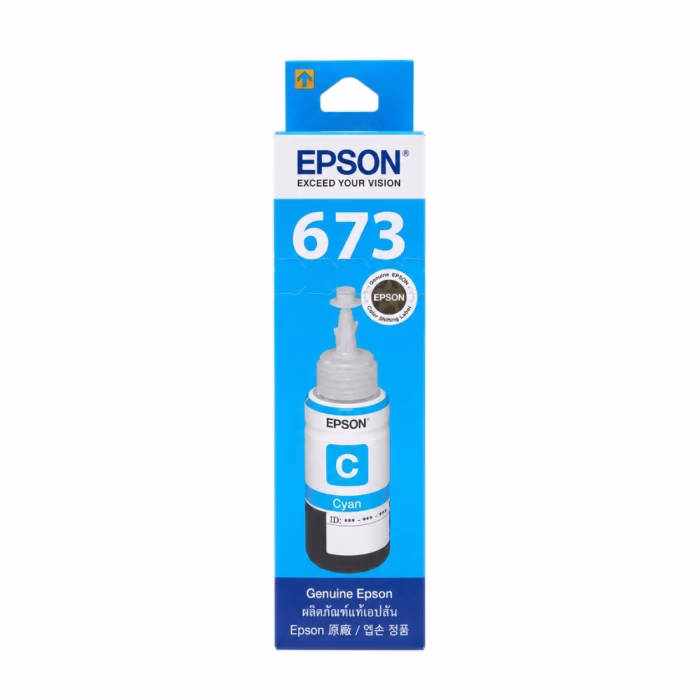 epson-t6732-cyan-ink-bottle-3 กล่องบรรจุภัณฑ์น้ำหมึกสีฟ้า Epson 673 T6732 ด้านหน้าตรง แสดงสติกเกอร์โฮโลแกรมแท้ Color Shifting Label และตรา Genuine Epson