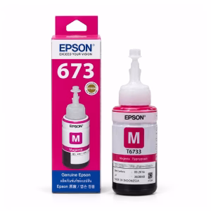 น้ำหมึกเติมแท้สีแดงมาเจนตา Epson 673 T6733 ขนาด 70 ml วางคู่กับกล่องบรรจุภัณฑ์ สำหรับเครื่องพิมพ์ภาพถ่าย Epson EcoTank L-Series