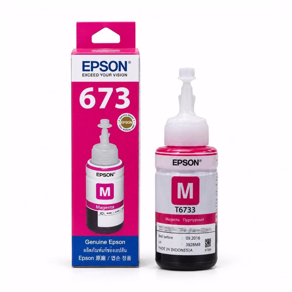 epson-t6733-magenta-ink-bottle-1 น้ำหมึกเติมแท้สีแดงมาเจนตา Epson 673 T6733 ขนาด 70 ml วางคู่กับกล่องบรรจุภัณฑ์ สำหรับเครื่องพิมพ์ภาพถ่าย Epson EcoTank L-Series