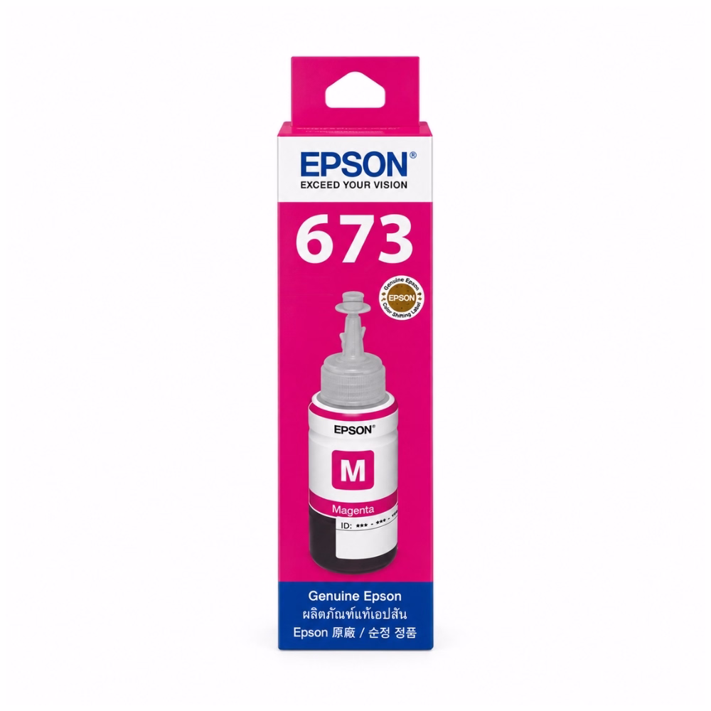 กล่องบรรจุภัณฑ์น้ำหมึกสีแดงมาเจนตา Epson 673 T6733 ด้านหน้าตรง แสดงสติกเกอร์โฮโลแกรมแท้ Color Shifting Label และตรา Genuine Epson