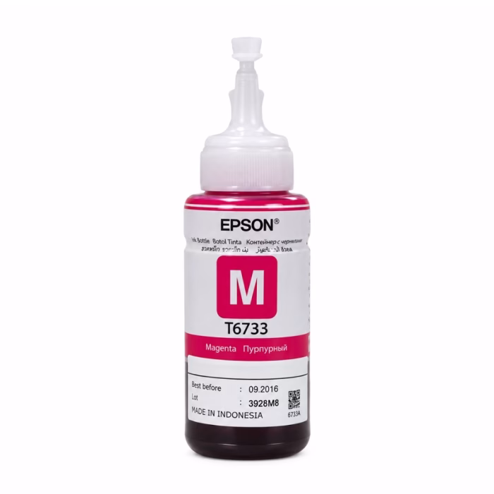ขวดน้ำหมึกเติมสีแดงมาเจนตา Epson 673 T6733 ขนาด 70 ml ฝาจุกใสพร้อมจุกปิดและป้ายฉลากระบุรหัส M T6733 Magenta
