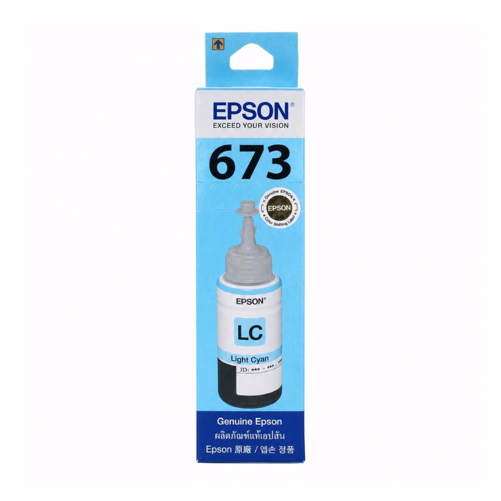 กล่องบรรจุภัณฑ์น้ำหมึกสีฟ้าอ่อน Epson 673 T6735 ด้านหน้าตรง แสดงสติกเกอร์โฮโลแกรมแท้ Color Shifting Label และตรา Genuine Epson