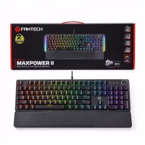 fantech-mk894-maxpowerii-black-1 คีย์บอร์ดเกมมิ่ง Fantech Maxpower II MK894 Brown Switch สีดำ ไฟ RGB พร้อมที่รองข้อมือ วางคู่กับกล่องบรรจุภัณฑ์