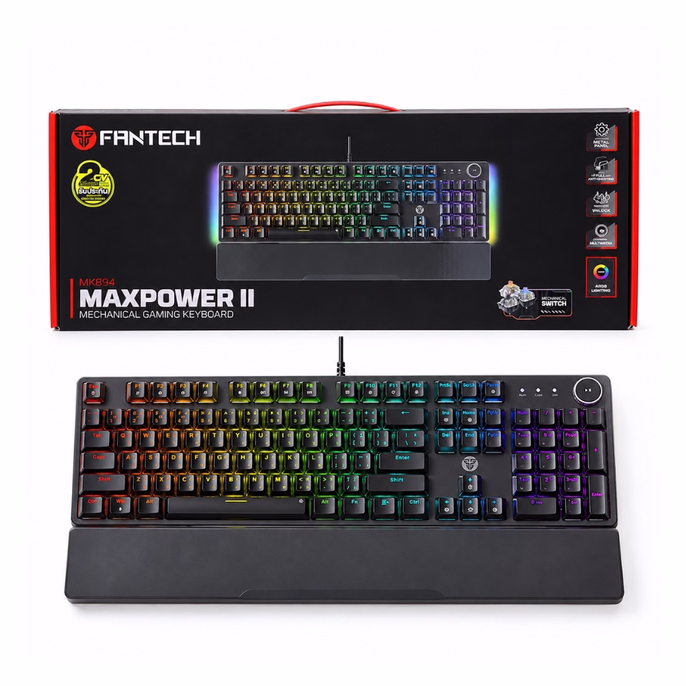 คีย์บอร์ดเกมมิ่ง Fantech Maxpower II MK894 Brown Switch สีดำ ไฟ RGB พร้อมที่รองข้อมือ วางคู่กับกล่องบรรจุภัณฑ์