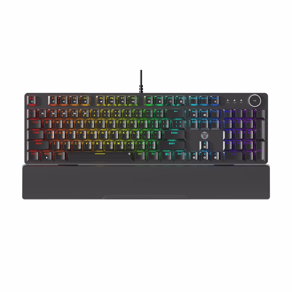 คีย์บอร์ดเกมมิ่ง Fantech MK894 Maxpower II สีดำ มุมมองด้านบนตรง แสดงแป้นพิมพ์ไทย-อังกฤษ ไฟ RGB และที่รองข้อมือ