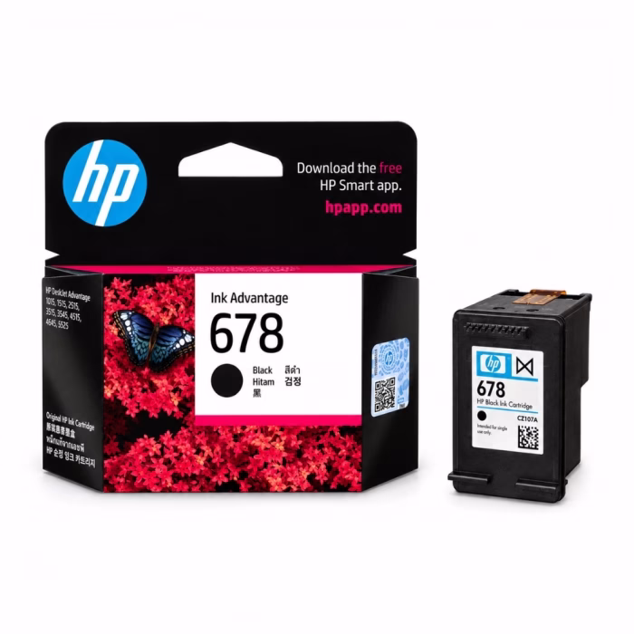hp-678-cz107aa-black-ink-cartridge-1 ตลับหมึกแท้สีดำ HP 678 CZ107AA วางคู่กับกล่องบรรจุภัณฑ์ สำหรับเครื่องพิมพ์ HP DeskJet Ink Advantage