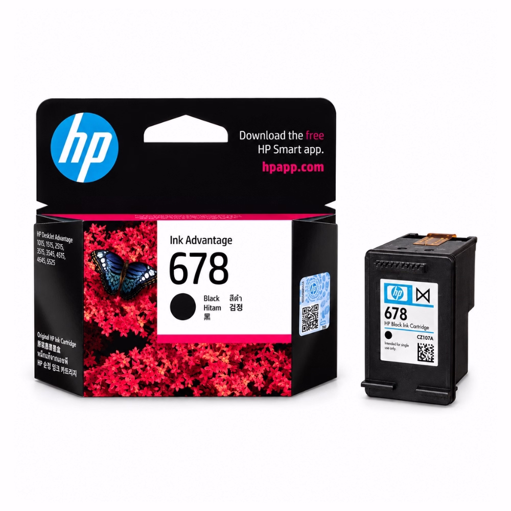 ตลับหมึกแท้สีดำ HP 678 CZ107AA วางคู่กับกล่องบรรจุภัณฑ์ สำหรับเครื่องพิมพ์ HP DeskJet Ink Advantage