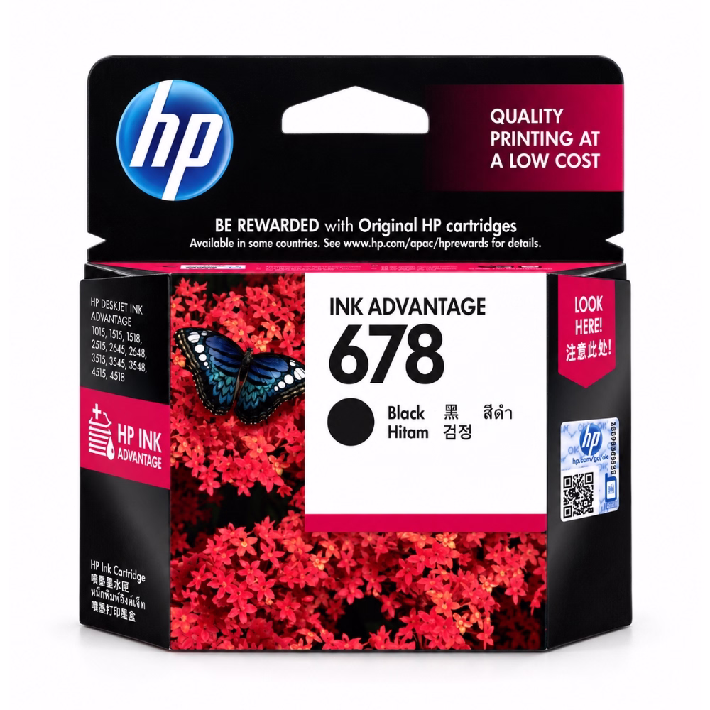 กล่องบรรจุภัณฑ์ตลับหมึกสีดำ HP 678 CZ107AA ด้านหน้าตรง แสดงสติกเกอร์กันปลอม QR Code และรุ่นเครื่องพิมพ์ที่รองรับ