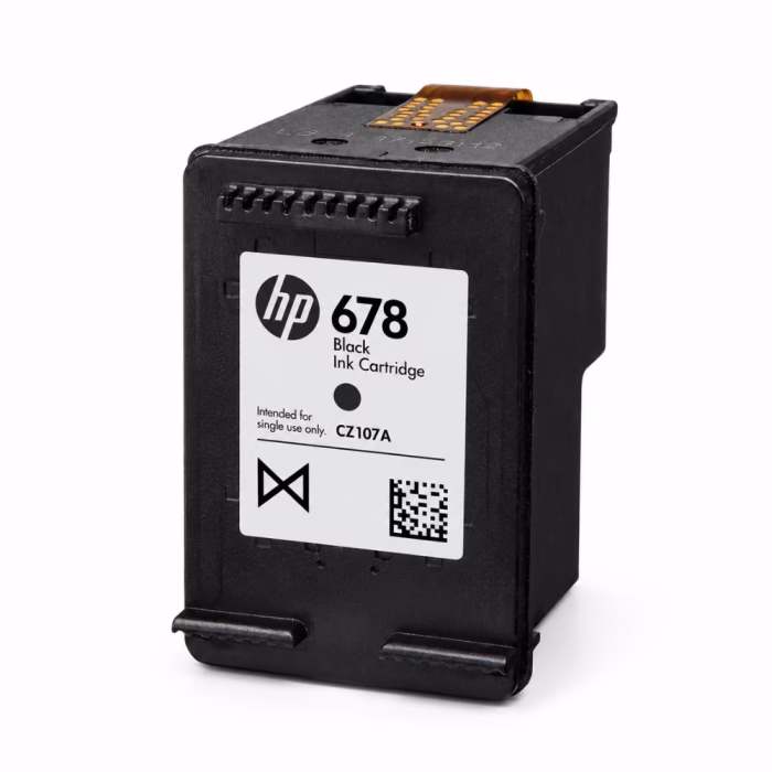 hp-678-cz107aa-black-ink-cartridge-3 ตลับหมึกพิมพ์สีดำ HP 678 CZ107AA มุมมองสามมิติ แสดงแถบวงจรอิเล็กทรอนิกส์และฉลากระบุรหัสสินค้า CZ107A