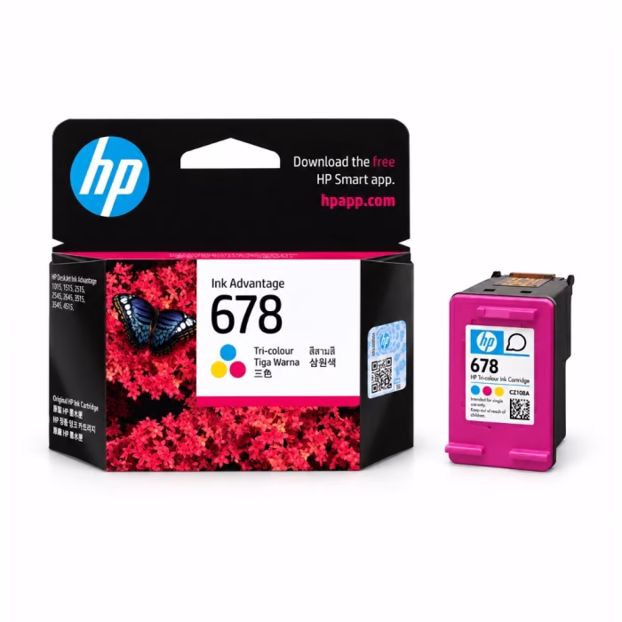 hp-678-cz108aa-tri-color-ink-cartridge-1 ตลับหมึก 3 สี HP 678 CZ108AA วางคู่กับกล่องบรรจุภัณฑ์ สำหรับเครื่องพิมพ์ HP DeskJet Ink Advantage