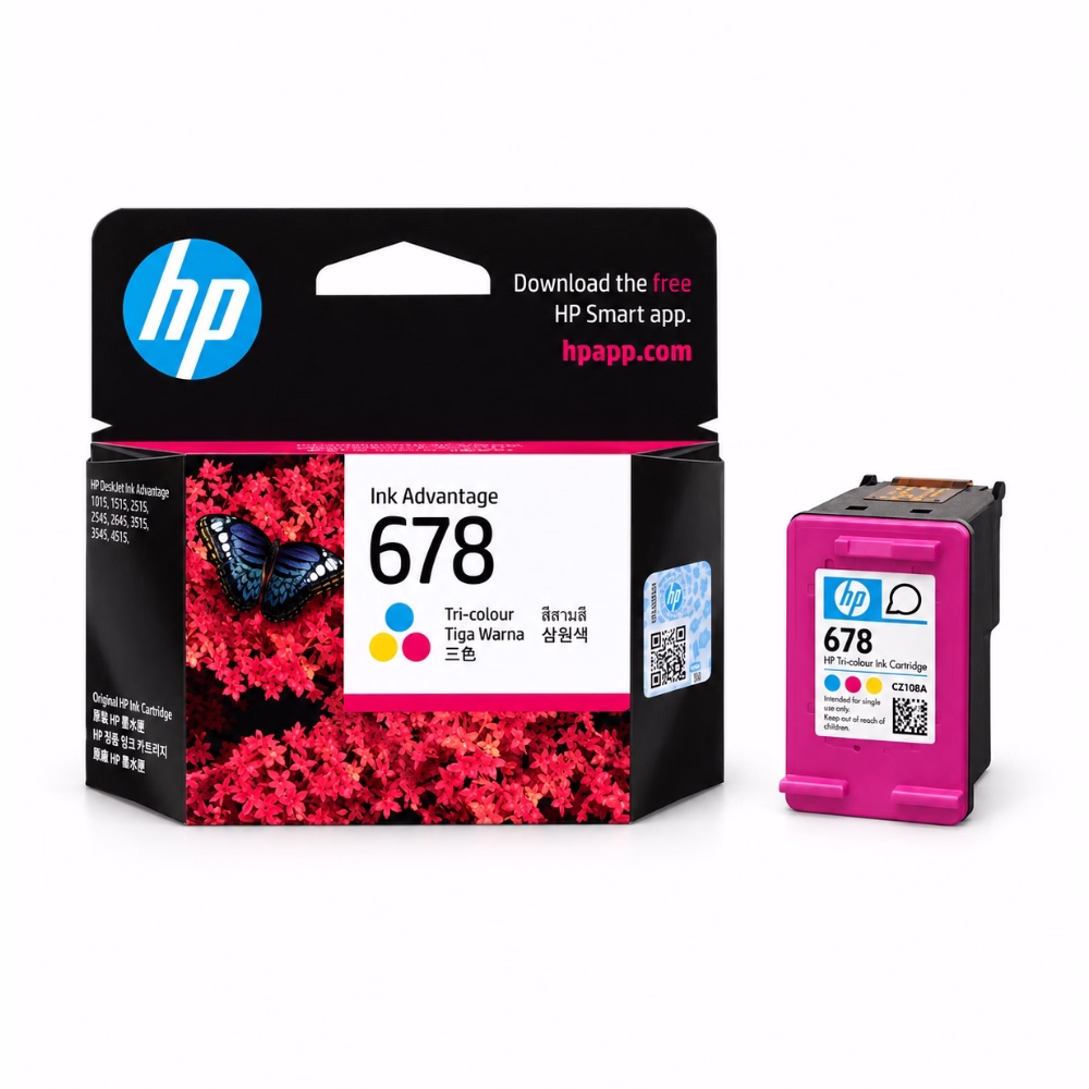 ตลับหมึก 3 สี HP 678 CZ108AA วางคู่กับกล่องบรรจุภัณฑ์ สำหรับเครื่องพิมพ์ HP DeskJet Ink Advantage