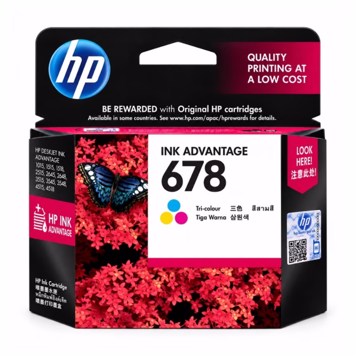 hp-678-cz108aa-tri-color-ink-cartridge-2 กล่องบรรจุภัณฑ์ตลับหมึก 3 สี HP 678 CZ108AA ด้านหน้าตรง แสดงสติกเกอร์กันปลอม QR Code และรุ่นเครื่องพิมพ์ที่รองรับ